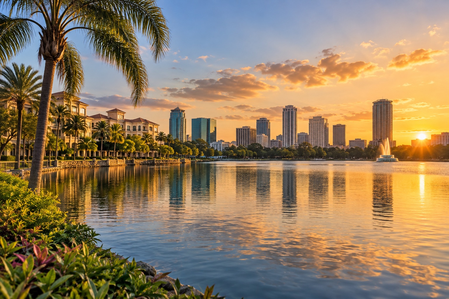 Orlando skyline and lake at sunset